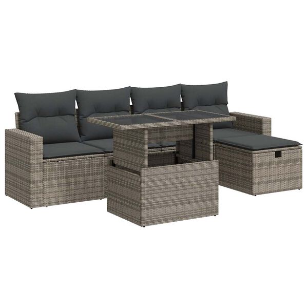 vidaXL 6-delige Loungeset met kussens poly rattan grijs