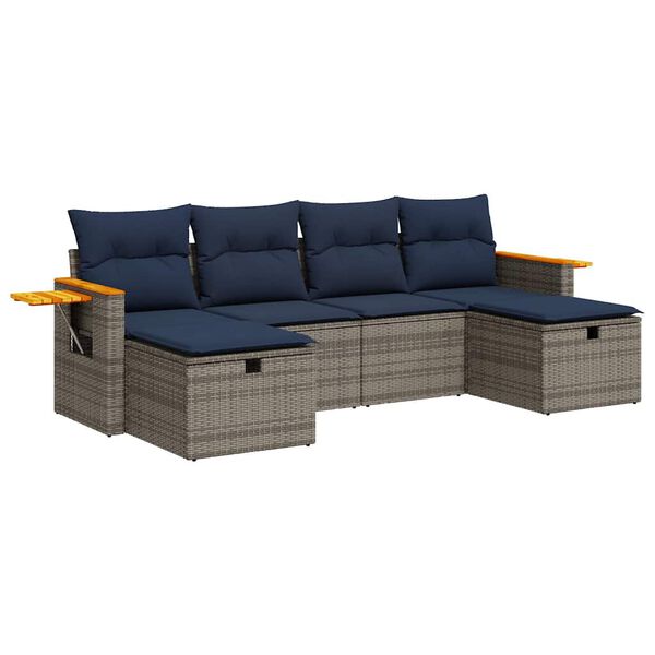 vidaXL 6-delige Loungeset met kussens poly rattan grijs
