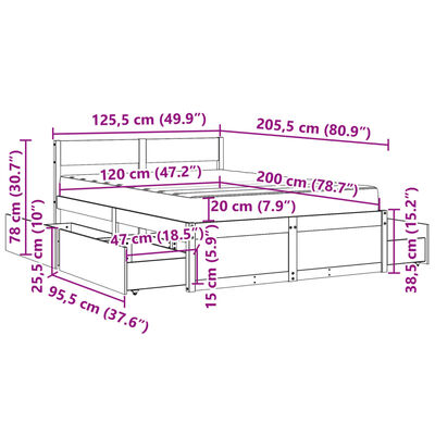 vidaXL Bed met lades en matras massief grenenhout 120x200 cm