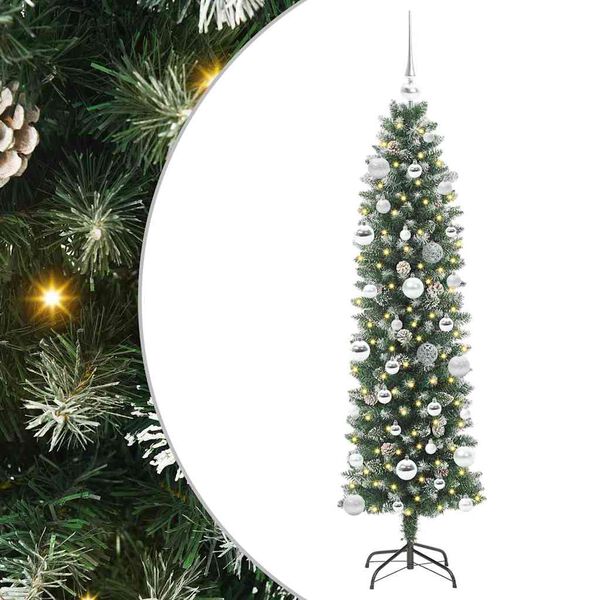 vidaXL Kunstmatige slanke kerstboom met 150 LED Groen en Wit 150 cm