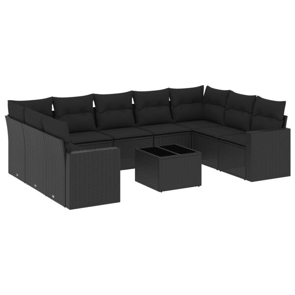vidaXL 10-delige Loungeset met kussens poly rattan zwart