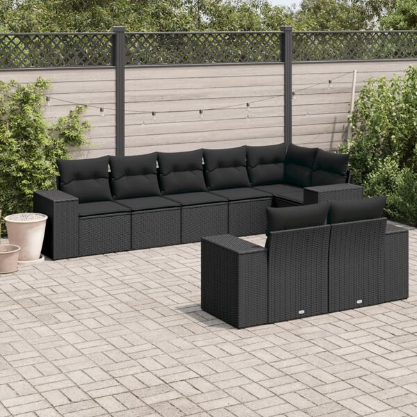 vidaXL 8-delige Loungeset met kussens poly rattan zwart