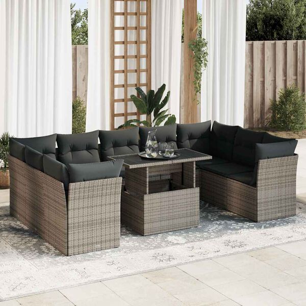 vidaXL 10-delige Loungeset met kussens poly rattan grijs