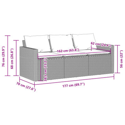 vidaXL Tuinbank 3-zits met kussens poly rattan grijs