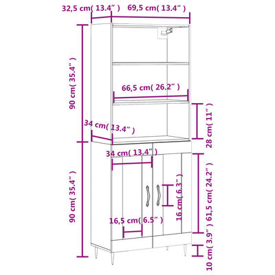 vidaXL Hoge kast 69,5x34x180 cm bewerkt hout bruin eikenkleur