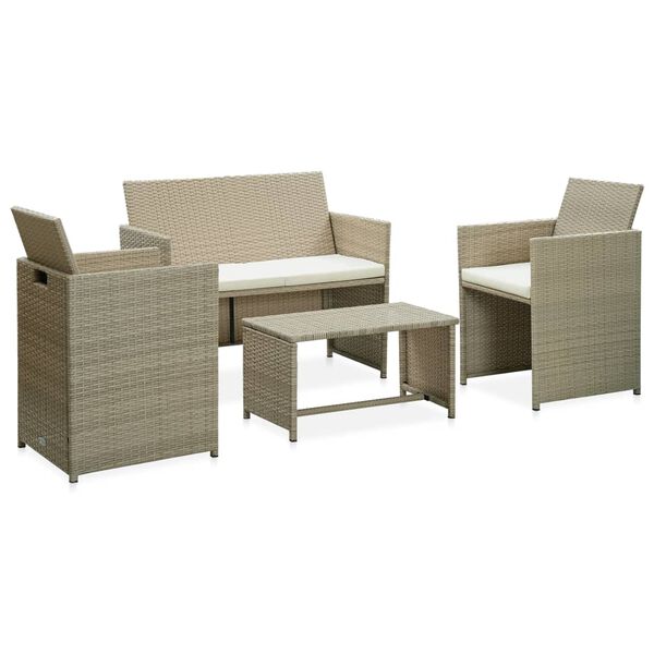 vidaXL 4-delige Loungeset met kussens poly rattan beige