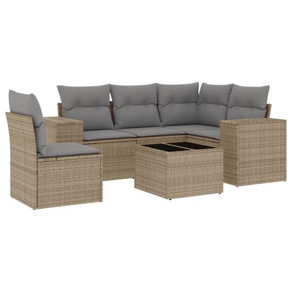 vidaXL 6-delige Loungeset met kussens poly rattan beige