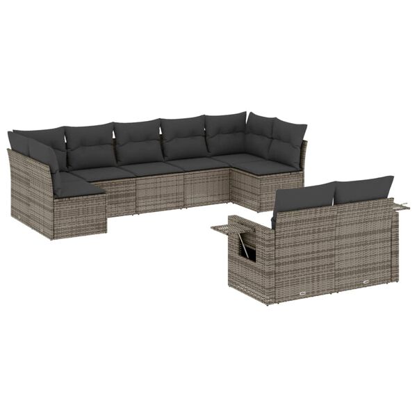 vidaXL 9-delige Loungeset met kussens poly rattan grijs