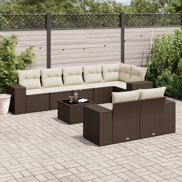 vidaXL 9-delige Loungeset met kussens poly rattan bruin