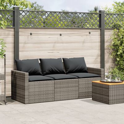 vidaXL Tuinbank 3-zits met kussens poly rattan grijs