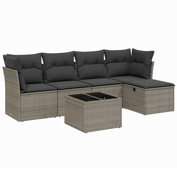 vidaXL 6-delige Loungeset met kussens poly rattan grijs