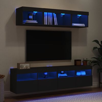 vidaXL 5-delige Tv-wandmeubelset met LED bewerkt hout zwart