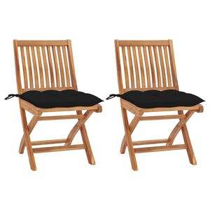 vidaXL Set van 2 klapstoelen met zwarte kussens, gemaakt van massief teakhout.