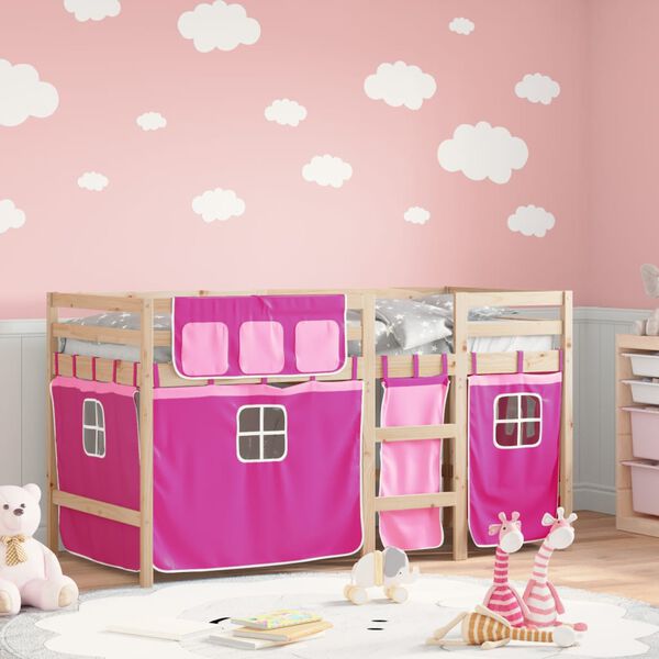 vidaXL Kinderhoogslaper met gordijnen 80x200 cm grenenhout roze