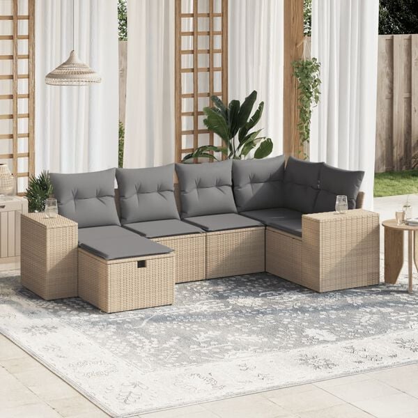vidaXL 6-delige Loungeset met kussens poly rattan gemengd beige