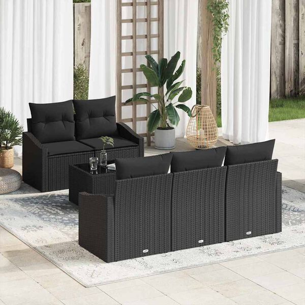 vidaXL Bankstel met kussen met opslag 6 pcs Zwart poly rattan