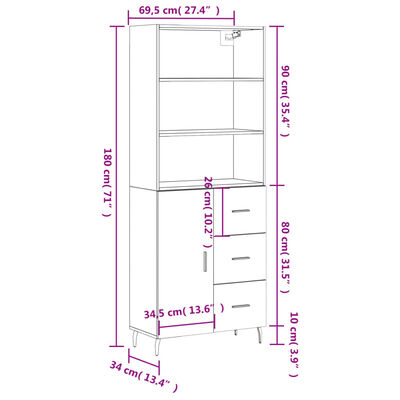 vidaXL Hoge kast 69,5x34x180 cm bewerkt hout gerookt eikenkleurig