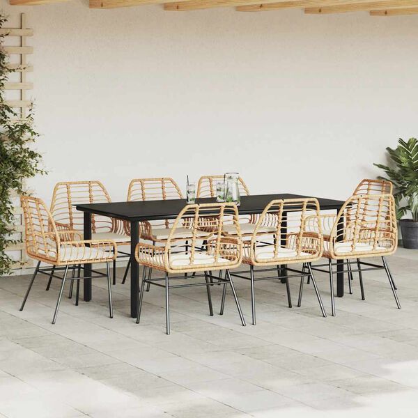 vidaXL 9-delige Tuinset met kussens poly rattan glas bruin