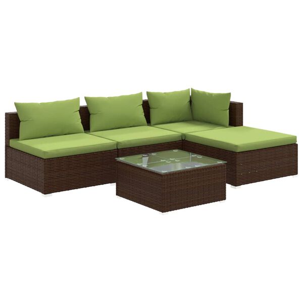 vidaXL 5-delige Loungeset met kussens poly rattan bruin