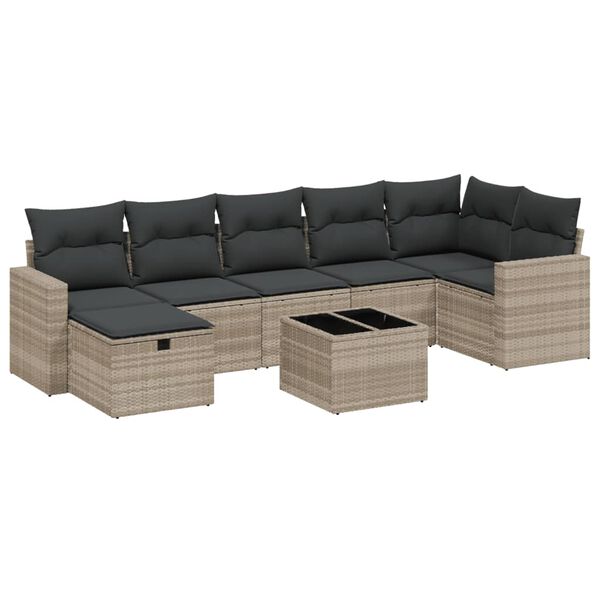 vidaXL 8-delige Loungeset met kussens poly rattan lichtgrijs