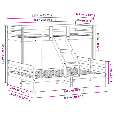 vidaXL Stapelbed massief grenenhout wit 80x200/140x200 cm