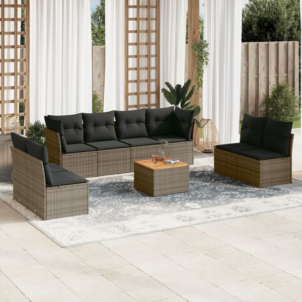 vidaXL 9-delige Loungeset met kussens poly rattan grijs