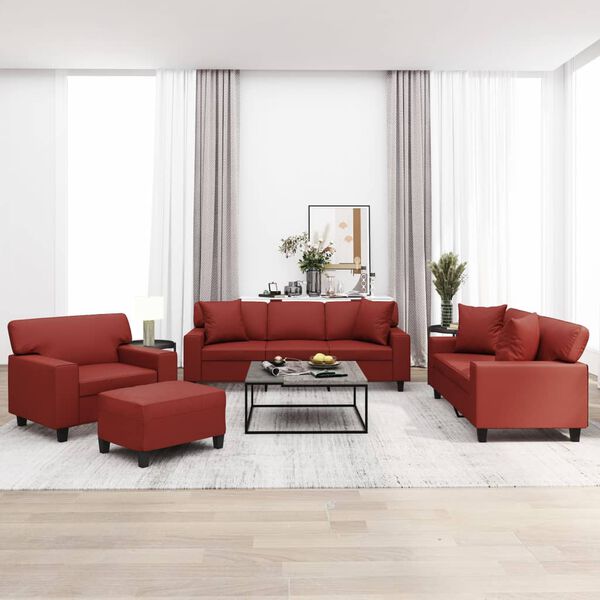 vidaXL 4-delige Loungeset met sierkussens & kussens kunstleer wijnrood