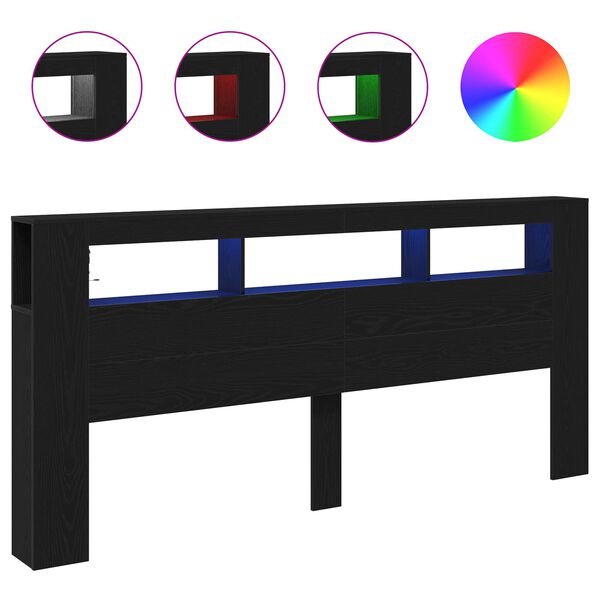 vidaXL LED Hoofdbord Zwart Eiken 220 x 18,5 x 103,5 cm Bewerkt hout