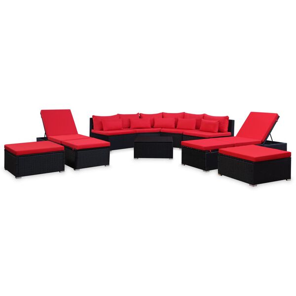 vidaXL 9-delige Loungeset met kussens poly rattan rood