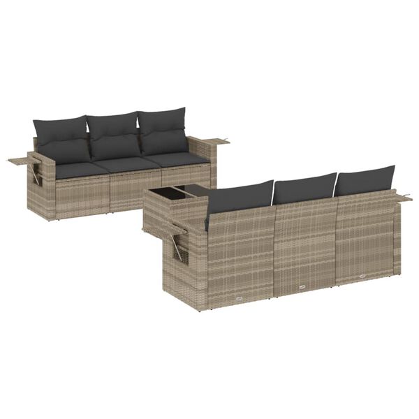vidaXL 7-delige Loungeset met kussens poly rattan lichtgrijs