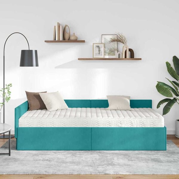 vidaXL Hoekbedframe met Matras Anders 2 pcs Turquoise Fluweel