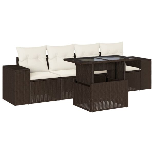 vidaXL 5-delige Loungeset met kussens poly rattan bruin