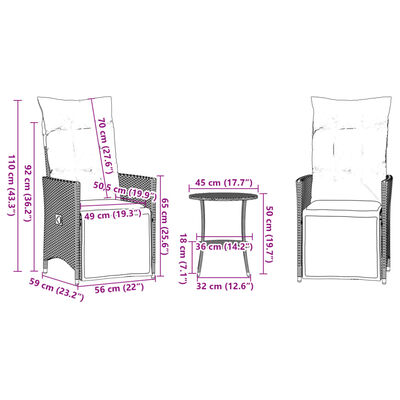 vidaXL 3-delige Bistroset met kussens poly rattan bruin