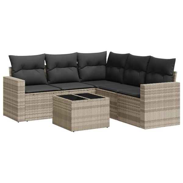 vidaXL 6-delige Loungeset met kussens poly rattan lichtgrijs