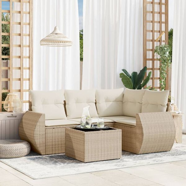 vidaXL 5-delige Loungeset met kussens poly rattan beige