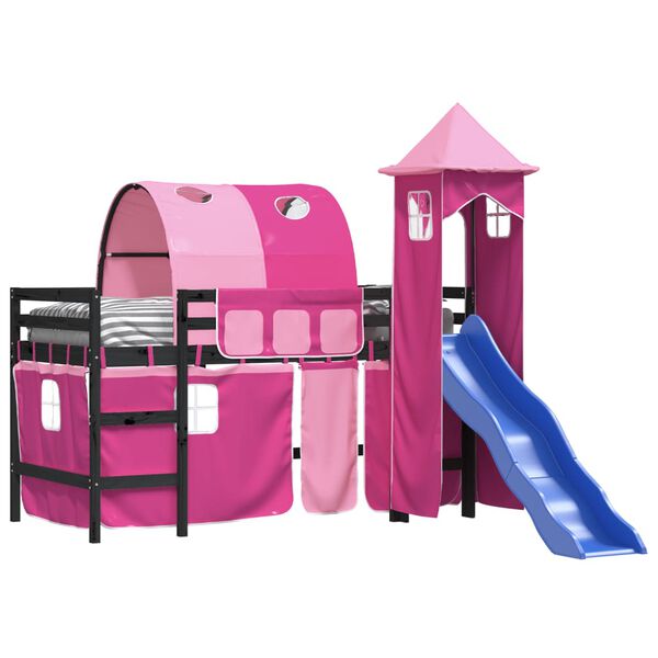 vidaXL Kinderhoogslaper met toren 80x200 cm massief grenenhout roze