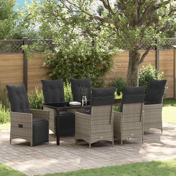 vidaXL Tuin eettafelset met kussen 7 pcs Grijs poly rattan