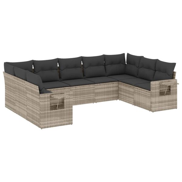 vidaXL 9-delige Loungeset met kussens poly rattan lichtgrijs
