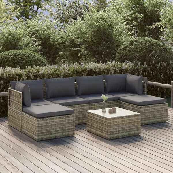 vidaXL 7-delige Loungeset met kussens poly rattan grijs