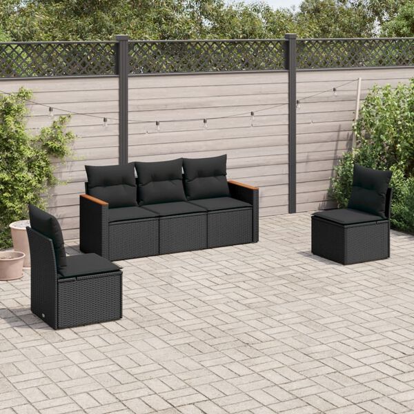 vidaXL 5-delige Loungeset met kussens poly rattan zwart