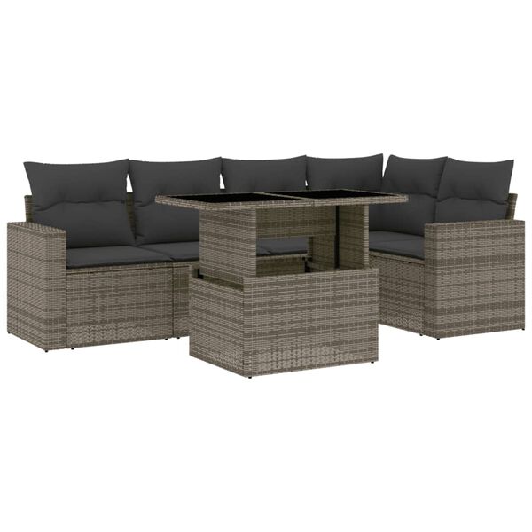 vidaXL 6-delige Loungeset met kussens poly rattan grijs
