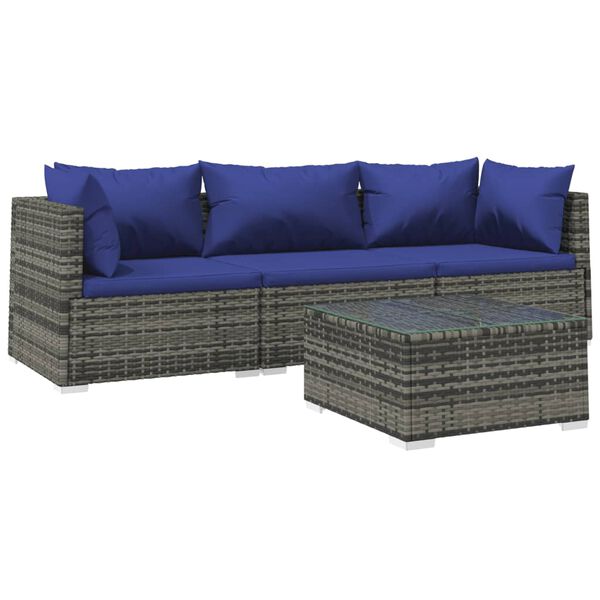 vidaXL 4-delige Loungeset met kussens poly rattan grijs