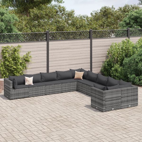 vidaXL 10-delige Loungeset met kussens poly rattan grijs