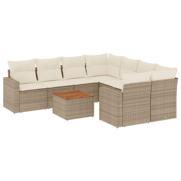 vidaXL 9-delige Loungeset met kussens poly rattan beige