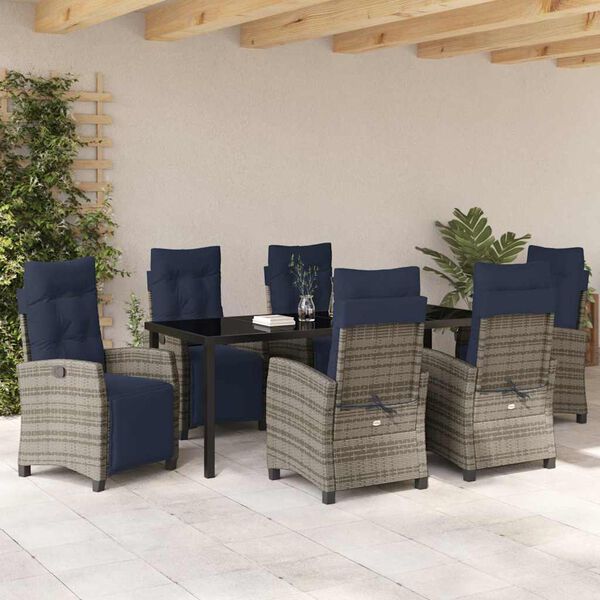 vidaXL Tuin eettafelset met kussen 7 pcs Grijs poly rattan
