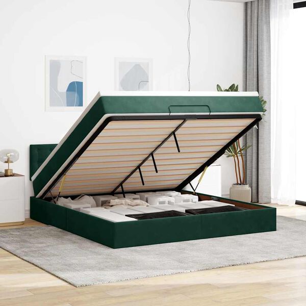 vidaXL Ottoman bed met matras en LED's 160x200cm fluweel donkergroen