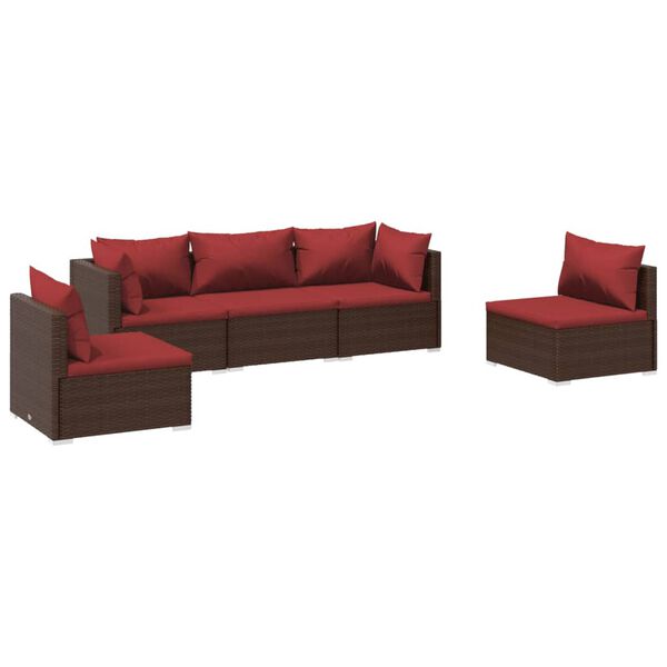 vidaXL 5-delige Loungeset met kussens poly rattan bruin