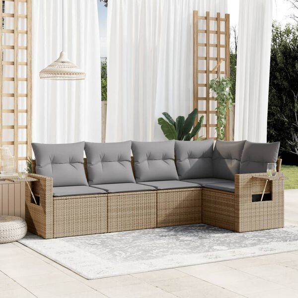 vidaXL 5-delige Loungeset met kussens poly rattan beige