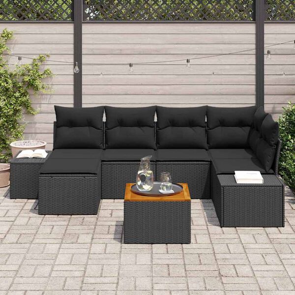 vidaXL Tuinbankenset met kussen 7 pcs Zwart poly rattan