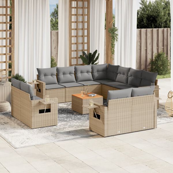 vidaXL 12-delige Loungeset met kussens poly rattan beige